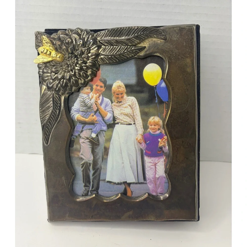 Godinger Silver Tone Photo Album Sunflower Gold Bee Metal Front Velvet Back